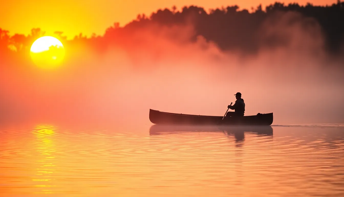 Serene Canoeist at Sunrise on Tranquil Lake A captivating image of a solitary canoeist gently paddling at sunrise, surrounded by stunning reflections of warm pink and orange skies on a quiet lake. Mist hovers just above the water, adding an ethereal quality to the scene. The silhouette of the canoeist contrasts beautifully against the vibrant colors, evoking a sense of peace and solitude. This composition uses the rule of thirds to draw the viewer's eye naturally throughout the image.