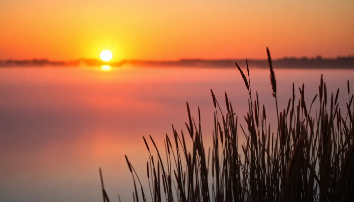 This stunning image showcases a serene lake at sunrise, with warm golden hues illuminating the mist hovering above the water's surface. The vibrant orange sun reflects beautifully in the still water, surrounded by soft blue tones of the morning sky. The foreground features blurred reeds that guide the viewer's eye towards the vibrant horizon, enhancing the tranquil mood. This composition perfectly captures the magical moment of a new day beginning.