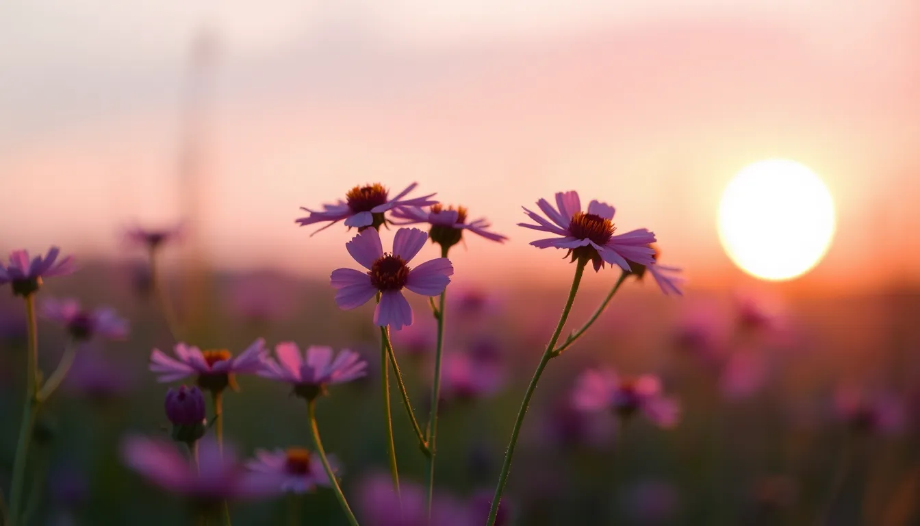 Pastel Sunrise Over Wildflower Field A stunning image of a field of wildflowers bathed in the soft pink and purple light of sunrise. The natural lighting enhances the gentle curves and textures of the petals while creating an ethereal atmosphere. The shallow depth of field draws focus to the vibrancy of the flowers, making them pop against the dreamy background. This tranquil scene invites viewers to experience the beauty of a new day awakening.