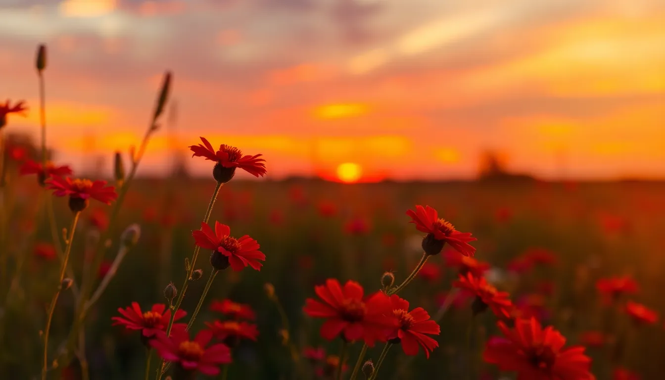 This stunning image captures a vibrant sunset casting a warm glow over a field of wildflowers, creating a magical atmosphere. Rich reds, oranges, and purples saturate the scene as the sun descends on the horizon. The foreground features sharp details of the flowers, accentuated by a creamy bokeh in the background that softly blurs the colorful sky. This composition leads the viewer's gaze from the blooming foreground to the breathtaking sunset, invoking a sense of peace and beauty.