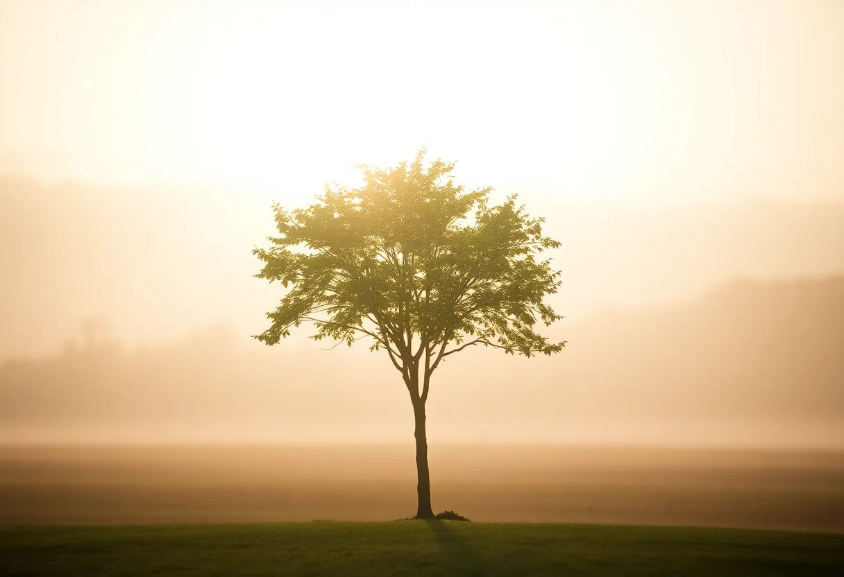 A solitary tree stands majestically at sunrise, illuminated by soft diffused morning light. The vibrant leaves are in sharp focus, while the background blends into gentle bokeh, creating a peaceful and contemplative mood. The natural muted tones highlight the simplicity and beauty of the scene, drawing attention to the tree's intricate details against the warm horizon. This composition captures a moment of solitude and reflection in nature.