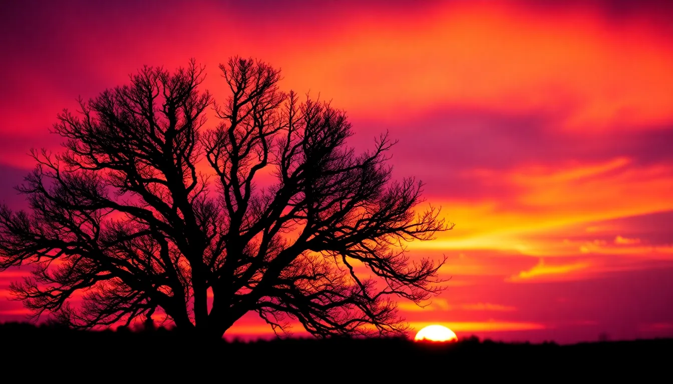 This striking image features a silhouetted tree against a breathtaking sunset, where vibrant oranges and purples fill the sky. The warm hues create an emotionally charged atmosphere, while the tree stands majestically in the foreground. The soft bokeh in the background enhances the beauty of the sunset, drawing the viewer's eye toward the horizon. It's an evocative representation of nature's profound beauty at dusk.