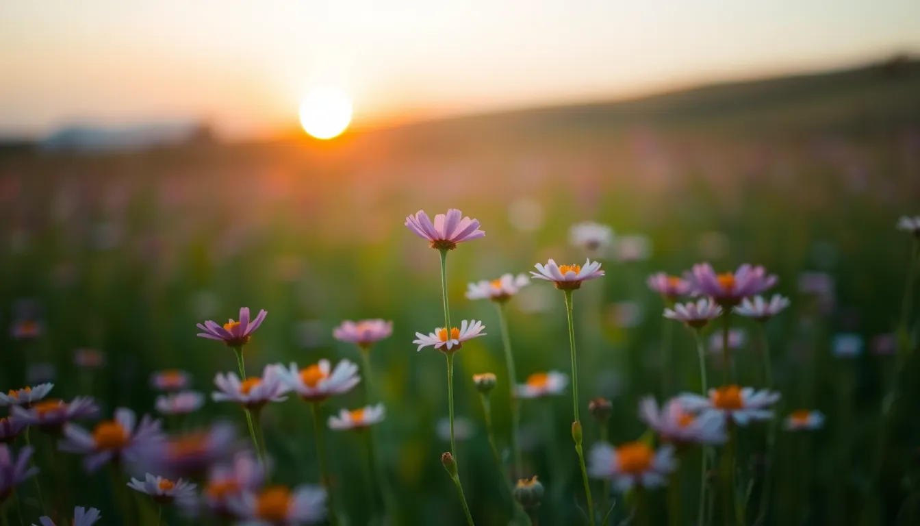 This tranquil image depicts a breathtaking sunset in an open field filled with wildflowers, bathed in the warm glow of the setting sun. Soft rim lighting highlights the delicate petals, creating a dreamy atmosphere that invites admiration. The vibrant pastel colors of pink and lavender blend harmoniously, enhancing the scene's peaceful mood. The centered composition showcases the wildflowers, offering a stunning view of nature's beauty as the day transitions into night.