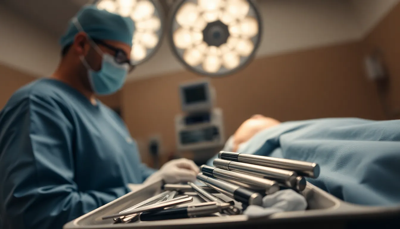 An intense scene in a bright, overcast operating room where a focused surgeon is performing a delicate surgery. The soft natural light highlights the intricate surgical tools positioned on a polished stainless steel tray, reflecting the surroundings. Muted colors and textures of the sterile environment, including the fabric drapes and fine details of the patient's skin, enhance the emotional weight of the moment, creating a sense of urgency and precision.