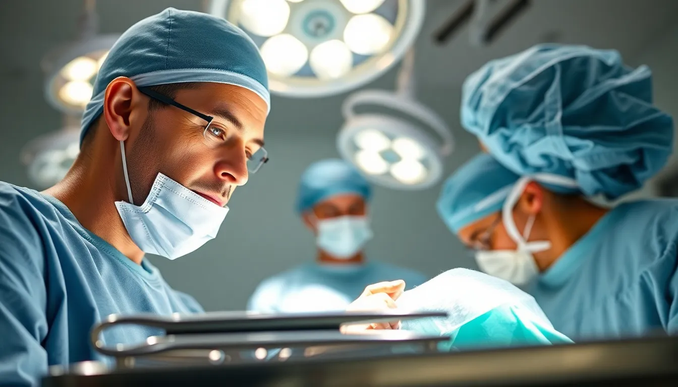 Focused Surgeon In Operating Room A surgeon is captured in action during a complex operation, surrounded by a focused surgical team and high-tech equipment. The bright, sterile lighting accentuates the details of surgical instruments placed neatly on a stainless steel tray. The natural skin tones of the patient and the clinical blues and greens of the room create a striking contrast. The composition draws the viewer's attention to the surgeon's intense focus and the precision of the procedure, embodying the essence of modern surgery.