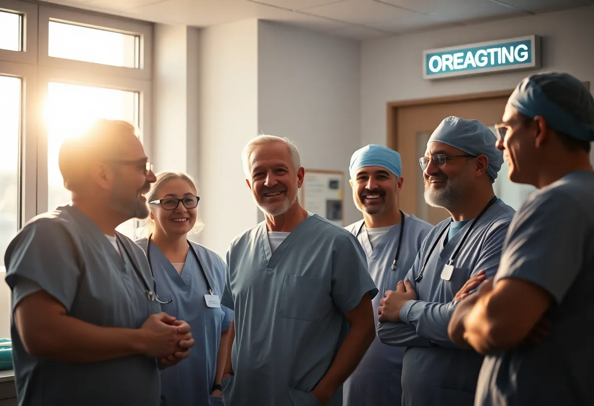 A candid moment captured as a group of surgeons engages in discussion before a procedure, illuminated by soft, diffused light filtering through the windows. Their expressions showcase a mixture of intensity and camaraderie, enhanced by a shallow depth of field that keeps them in focus against a softly blurred background. The warm tones inspired by Kodak Portra 400 create an inviting atmosphere, while the dynamic rule of thirds composition emphasizes the importance of communication in healthcare.