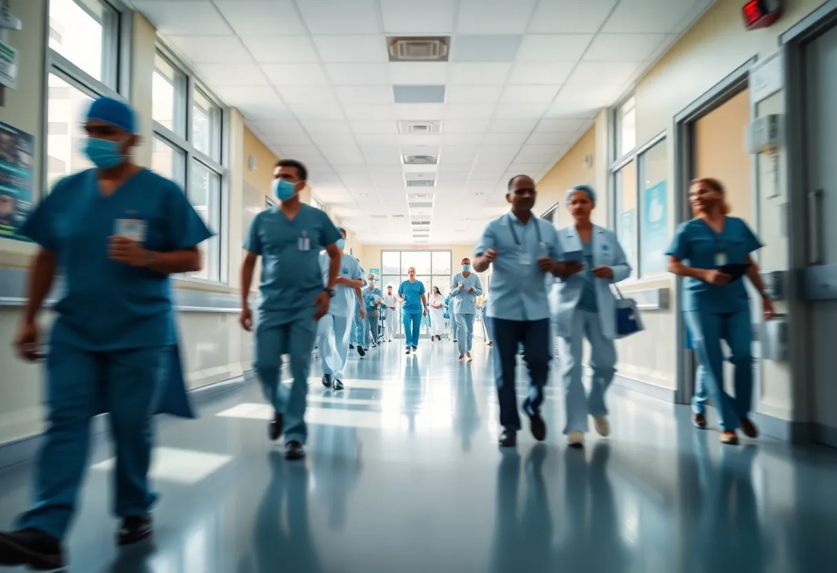 In this bustling hospital corridor, medical staff are energetically attending to patients, highlighting the dynamic environment of healthcare. Bright daylight floods the space through large windows, creating an inviting yet urgent atmosphere. The hyperfocal depth of field ensures sharp details across the scene, capturing the essence of activity. Muted tones are complemented by vibrant colors from scrubs and signage, while leading lines create a pathway for the viewer’s eye—a testament to the commitment and speed within a hospital setting.