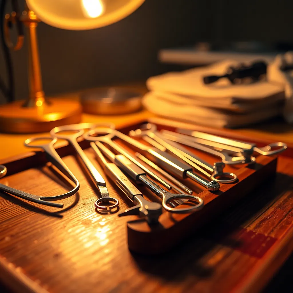 Artful Arrangement of Surgical Instruments This captivating macro image highlights the intricate details of surgical tools arranged on a polished wooden tray. The warm, inviting light creates a cozy atmosphere while emphasizing the gleaming metal surfaces of the instruments. A shallow depth of field isolates the tools from the background, allowing their textures and features to shine. This composition not only showcases the beauty of medical instruments but also creates an intimacy that humanizes the surgical environment.