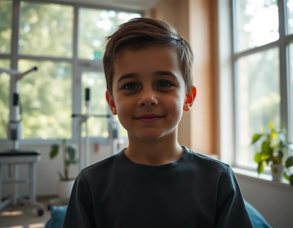 A poignant moment at a rehabilitation center, where a young patient is receiving physical therapy after surgery. The dappled sunlight filters through large windows, creating a warm and inviting atmosphere. The soft background bokeh enhances the focus on the patient’s effort, while the lush greenery adds a touch of life and color. Centered in composition, the image reflects themes of recovery, resilience, and hope.