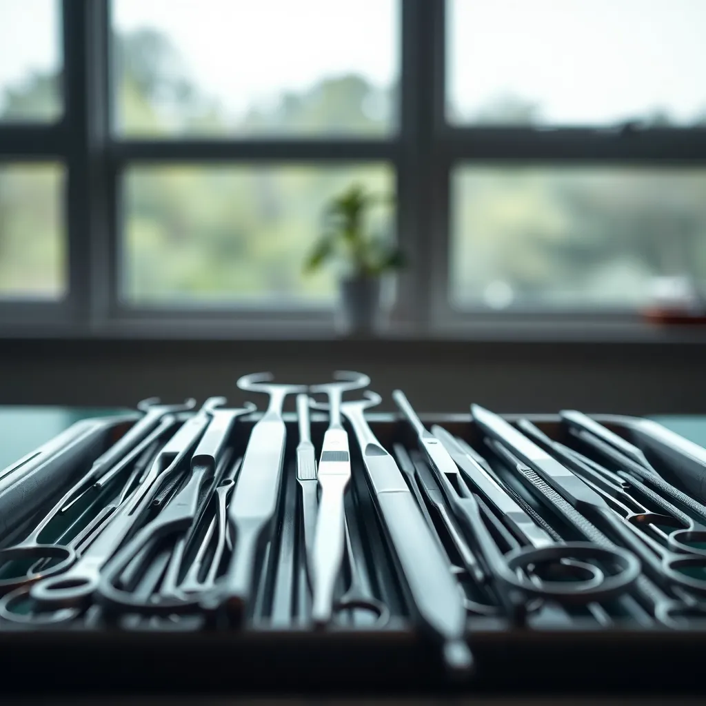 A close-up image captures a meticulously arranged set of surgical tools resting on a metallic tray in a well-lit surgical room. The overcast daylight from large windows creates a soft and even illumination, while a shallow depth of field blurs the background into a creamy bokeh. The composition follows the rule of thirds, showcasing the intricate details and textures of each instrument. With natural muted tones, the scene conveys a sense of precision and readiness, embodying the meticulous atmosphere of surgery.