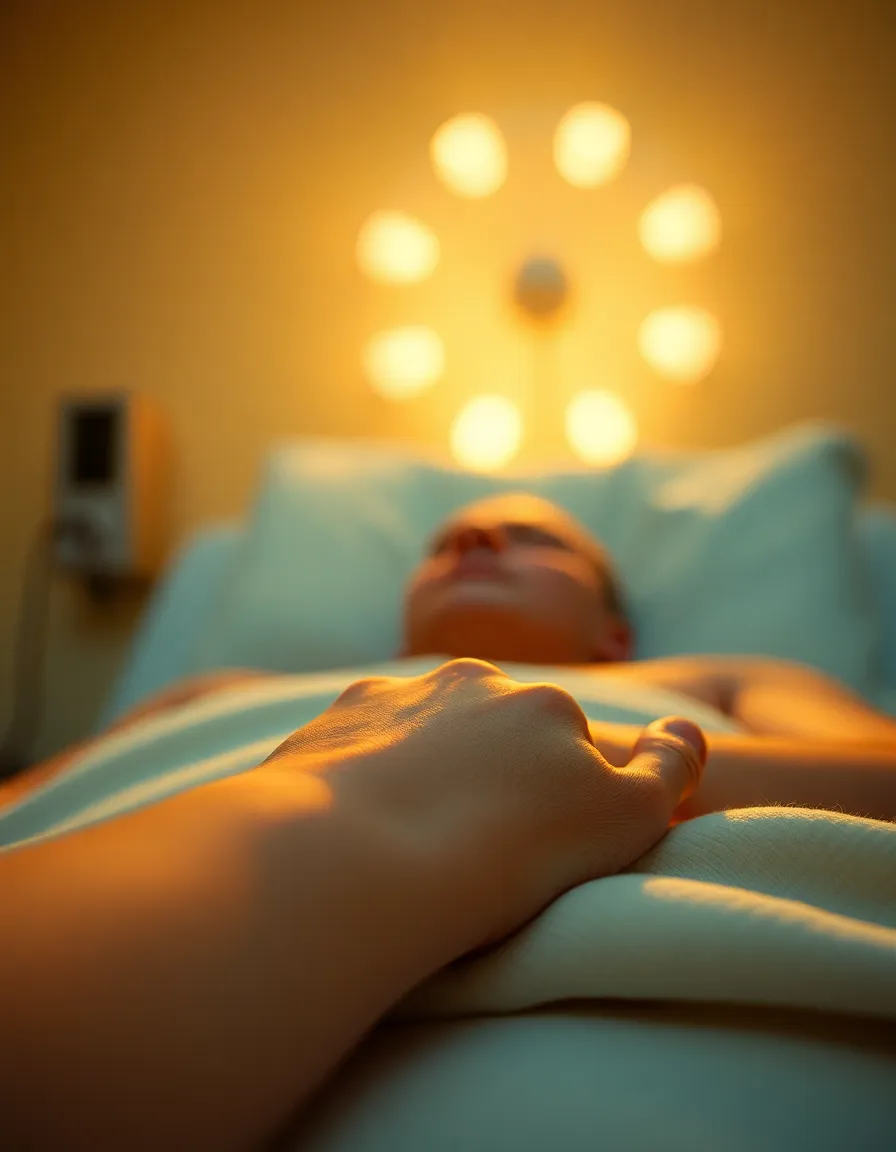 This serene image shows a patient resting calmly before surgery, bathed in the warm light of the golden hour. Captured with a Hasselblad X2D 100C, the backlighting creates a soft rim around the subject, while a selective focus brings the patient's hand into sharp detail against a softly blurred background. The use of Kodak Portra 400 colors enriches the warm skin tones and creamy highlights, juxtaposed with the textures of the soft blanket, evoking a feeling of calm and reassurance in the surgical space.