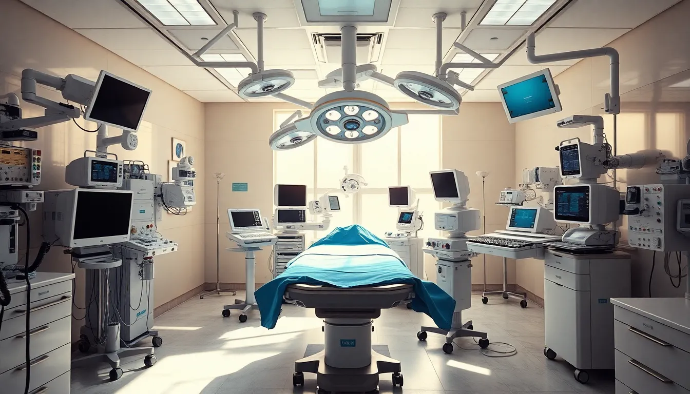 An ultra-modern surgical room showcasing cutting-edge medical technology and equipment. Natural daylight pours in, illuminating the space with vibrant colors reminiscent of Fujifilm Velvia, enhancing the futuristic feel of the environment. The meticulous details of the machinery and sterile surfaces create an immersive experience, with leading lines expertly guiding the viewer’s gaze towards the heart of the surgical area, embodying the essence of innovation in healthcare.