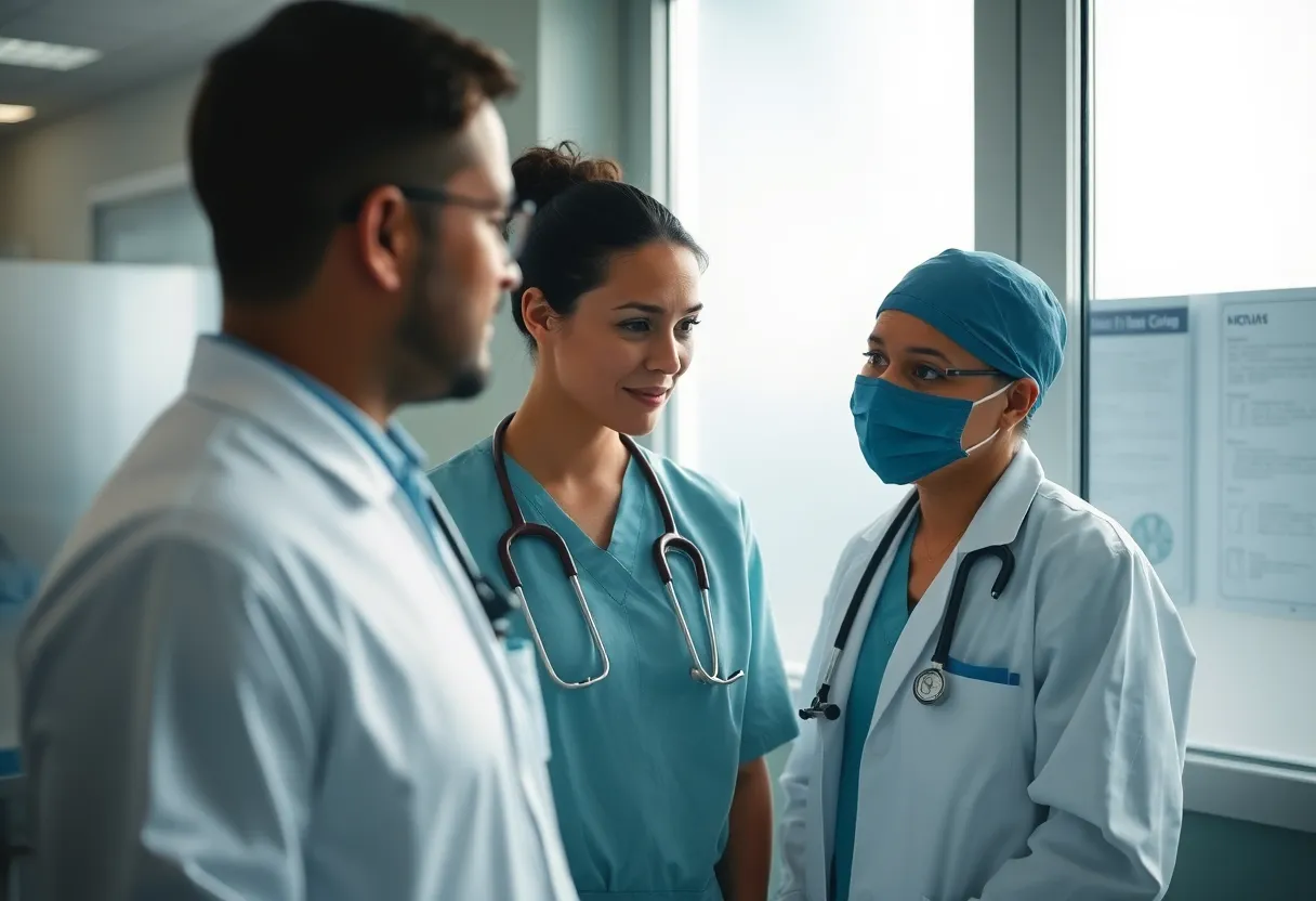 Nurse and Doctor Discussing Surgery In this candid photograph, a nurse and doctor engage in a focused discussion about an upcoming surgical procedure outside an operating room. The natural daylight filtering through frosted glass instills a sense of calmness and professionalism in the atmosphere. Both subjects are clearly defined against a softly blurred background filled with medical charts. The cool blues and greens of their scrubs enhance the clinical aesthetic, while the composition invites viewers into their vital conversation, showcasing teamwork in healthcare.