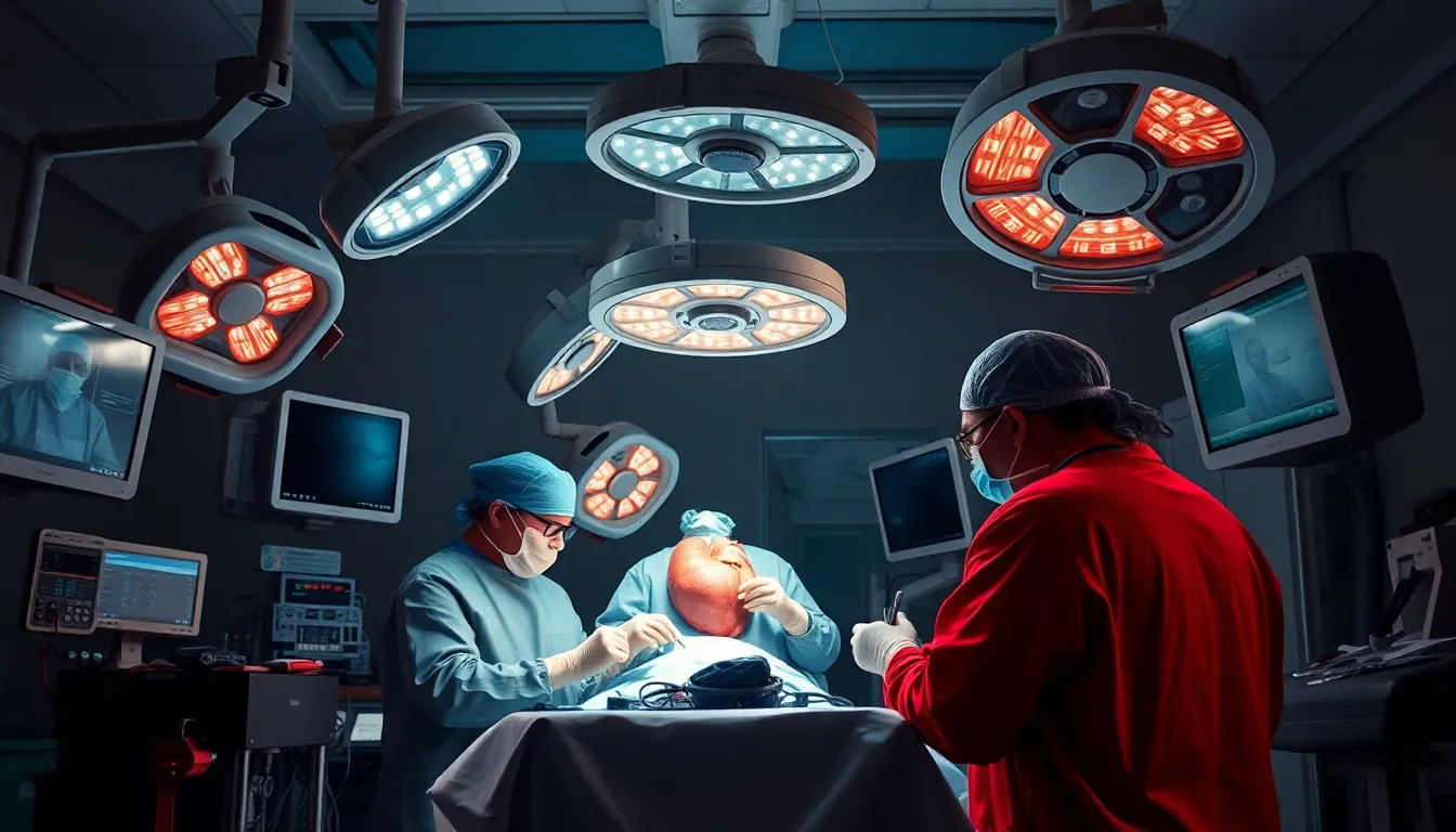 Dynamic Heart Surgery Panorama This powerful image depicts a surgical team immersed in a complex heart surgery, highlighted by dramatic overhead lights. The sharp contrast in lighting emphasizes the intensity of the procedure, while various medical instruments and monitors create a rich, detailed environment. The hyperfocal focus captures the entire scene from foreground to background, immersing viewers in the critical moment of surgery. The bold reds and whites of the surgical environment evoke a sense of urgency and precision characteristic of advanced medical practices.