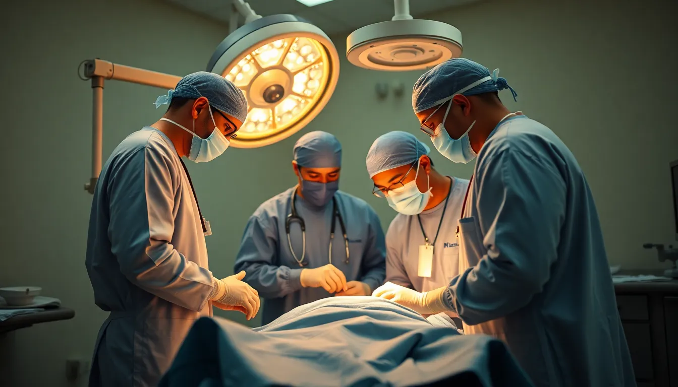 In a bustling operating room, a dedicated surgical team collaborates around a patient lying on the table, surrounded by numerous instruments and equipment. The warm tungsten light creates an inviting yet intense atmosphere, accentuating the concentration on their faces. The vibrant Kodak Portra 400 color palette enhances natural skin tones, emphasizing the depth of teamwork in this high-stakes environment, beautifully captured with a sharp focus throughout.