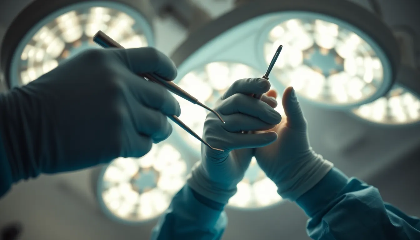 In a bright operating room, a skilled surgeon meticulously performs a procedure, illuminated by overhead LED lights. The image captures the gloved hands holding surgical instruments with a shallow depth of field, creating an immersive focus on the delicate work. The natural muted tones enhance the clinical atmosphere, while the leading lines direct the viewer's attention. The texture of the instruments adds a layer of realism, encapsulating the precision of modern surgery.