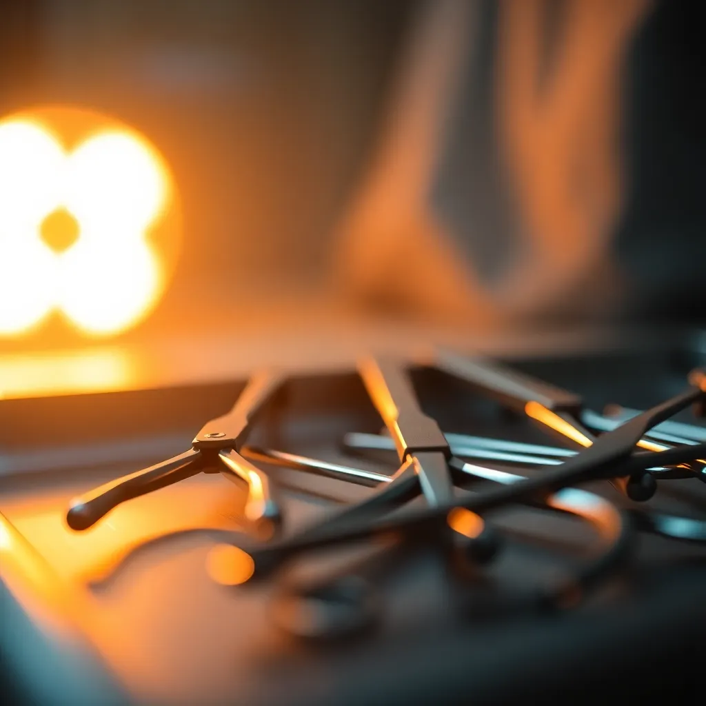 A visually striking close-up reveals an array of polished surgical instruments resting on a tray, illuminated by warm tungsten lighting. The image captures intricate details of the metal, presenting a sense of sophistication and precision in surgery. The warm Kodak Portra 400-inspired color grading enhances the mood while creating depth with a shallow depth of field. The composition effectively draws attention to the finest instrument, showcasing its gleaming surface and craftsmanship.