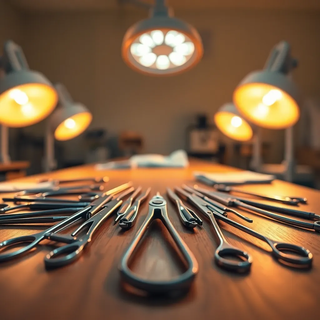A close-up view of meticulously arranged surgical tools illuminated by warm tungsten lamps creates an inviting atmosphere in a clinical setting. The shallow depth of field emphasizes the intricate details of each tool, while the creamy bokeh softly blurs the background. The warm color palette enhances the natural feel of the scene, drawing attention to the traditional craftsmanship of the instruments. Utilizing leading lines in the composition directs the viewer's gaze through the elegant arrangement.