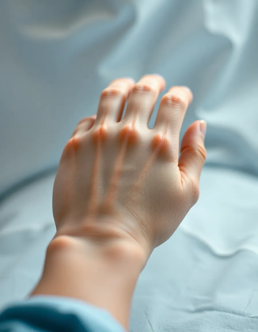 An intimate close-up of a patient's hand poised for anesthesia in preparation for surgery, captured with soft, even lighting that gracefully highlights the skin's texture. The shallow depth of field ensures focus remains on the delicate details of the hand while the background fades softly, reinforcing the serene atmosphere. The natural muted tones enhance the emotional depth of the scene, with a centered composition that reflects the care and attentiveness in the pre-surgical process.