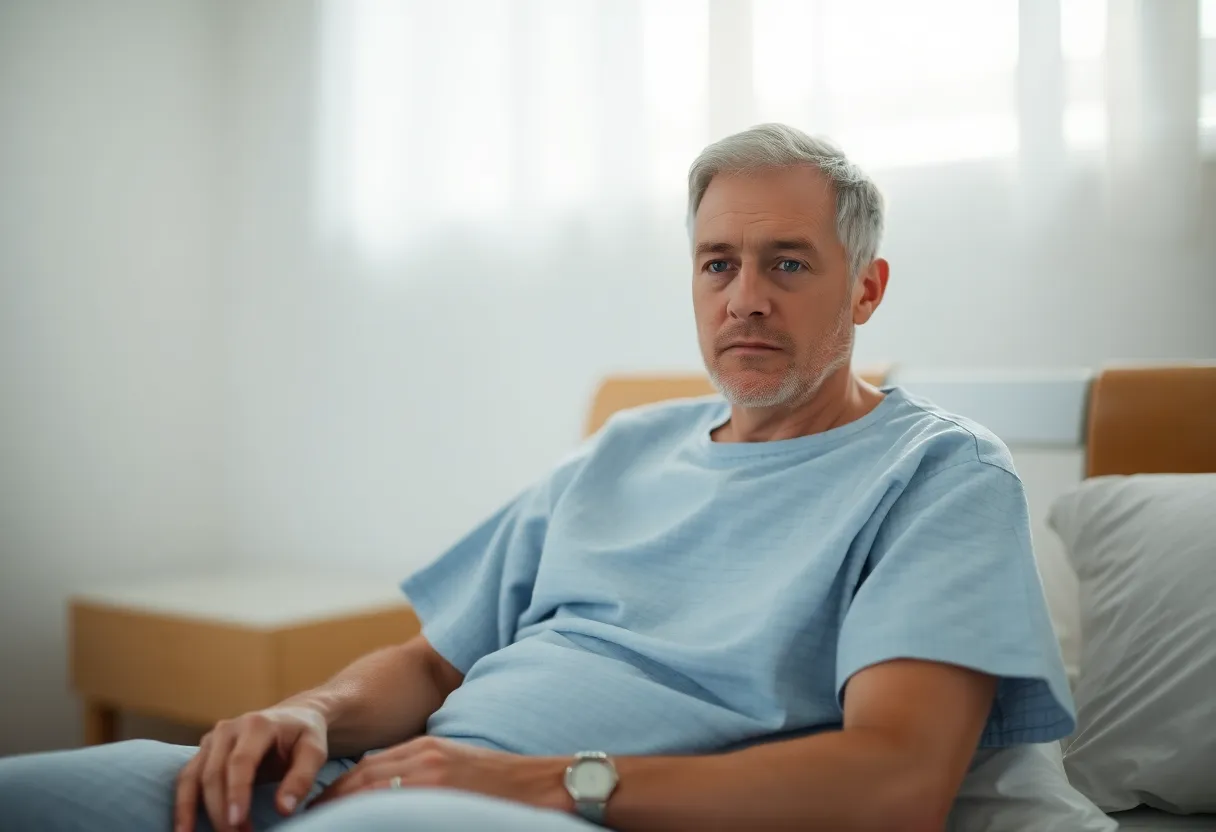 A contemplative patient sits on a hospital bed, dressed in a hospital gown, gazing thoughtfully before surgery. Soft, diffused daylight bathes the scene, enhancing the natural muted tones that evoke a sense of calm and reassurance. The selective focus on the patient’s eyes fosters an emotional connection, while the background fades into a gentle bokeh. This thoughtfully composed image captures the vulnerability and human experience within the healthcare setting.