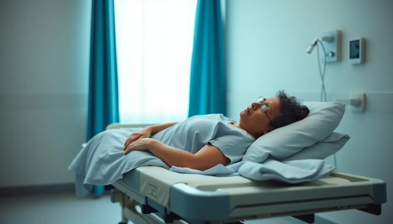 Patient Comforted by Nurse Before Surgery In a serene pre-op room, a patient lies on a gurney while a nurturing nurse provides comfort before surgery. Soft, diffused daylight creates a calming atmosphere, contrasting the patient’s anxious expression. The shallow depth of field draws attention to their interaction, while the muted color palette of soft blues and whites reinforces tranquility. The composition's thoughtful arrangement captures the emotional bond between the nurse and patient, highlighting the human side of healthcare.
