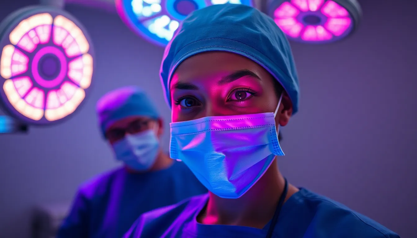 In a vibrant operating room, a surgical nurse prepares for an upcoming procedure under the inspiring glow of neon signs. Shot with a Sony A7R V, the butterfly lighting setup creates striking catchlights in her eyes, while a shallow depth of field focuses on her intense expression. The contrasting colors of blue and magenta illuminate sterile surfaces, creating a dynamic atmosphere. The composition employs a Dutch angle to introduce excitement, showcasing the nurse's determination and the modern edge of surgical environments.