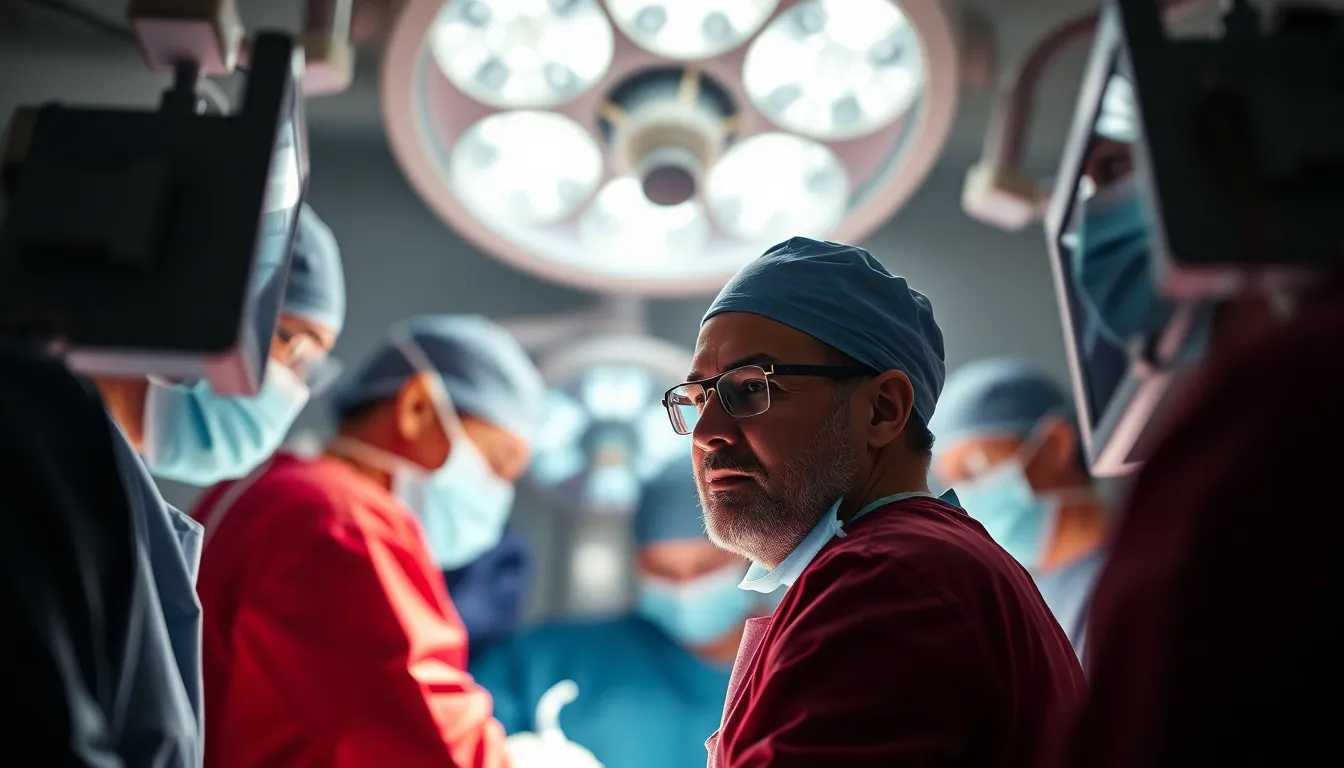 This dynamic image captures a dedicated surgical team working cohesively during a complex procedure. Bright overhead lights illuminate the scene, emphasizing the vibrant reds of surgical drapes and the focused expressions of the team members. The selective depth of field draws attention to the lead surgeon, while soft blurs envelop the supporting staff. Leading lines from the surgical instruments and monitors create movement in the composition, reflecting the precision and coordination required in the operating room.