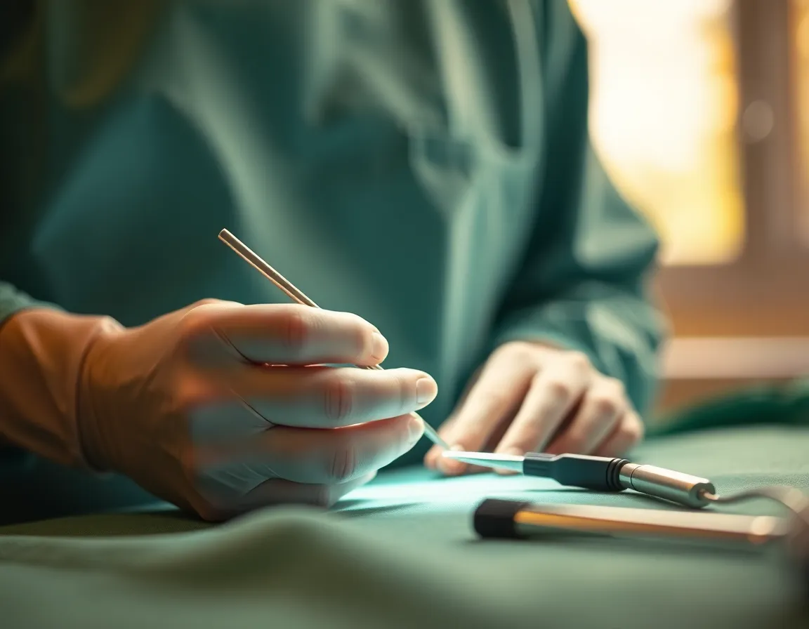Close-Up Of Surgical Stitching This intimate close-up portrays a surgeon's hands skillfully stitching tissue during a surgical procedure. The warm, natural daylight filters through the window, creating a soft and inviting ambiance. The depth of field isolates the hands and tools, while the blurred background enhances focus on the delicate stitching process. The scene beautifully illustrates the meticulous and precise nature of surgical work, showcasing the dedication and craftsmanship of healthcare professionals.