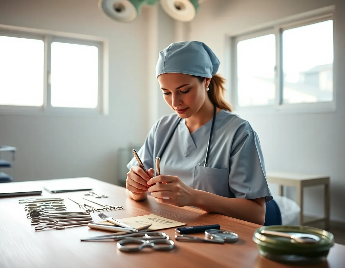 Nurse Organizing Surgical Instruments in Bright Room