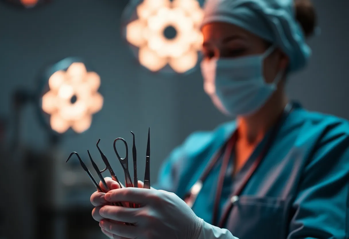 A close-up of a nurse in a sterile environment meticulously preparing a set of surgical instruments. The cinematic teal and orange tones add depth to the scene, while the soft lighting emphasizes the nurse’s concentration and care. With selective focus on the instruments in the foreground, the details of their polished surfaces create a tactile quality that draws the viewer in, contrasting beautifully with the soft bokeh of the background.