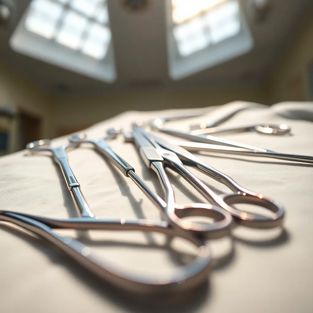 This close-up image reveals a meticulous arrangement of shimmering surgical tools atop a pristine sterile drape. Natural afternoon light filters through skylights, highlighting the gleaming metallic surfaces. The shallow depth of field creates a beautiful bokeh effect, drawing attention to the tools' intricate details. The soothing white of the drape contrasts with the cool metal tones, emphasizing the precision and readiness essential in surgical practice.