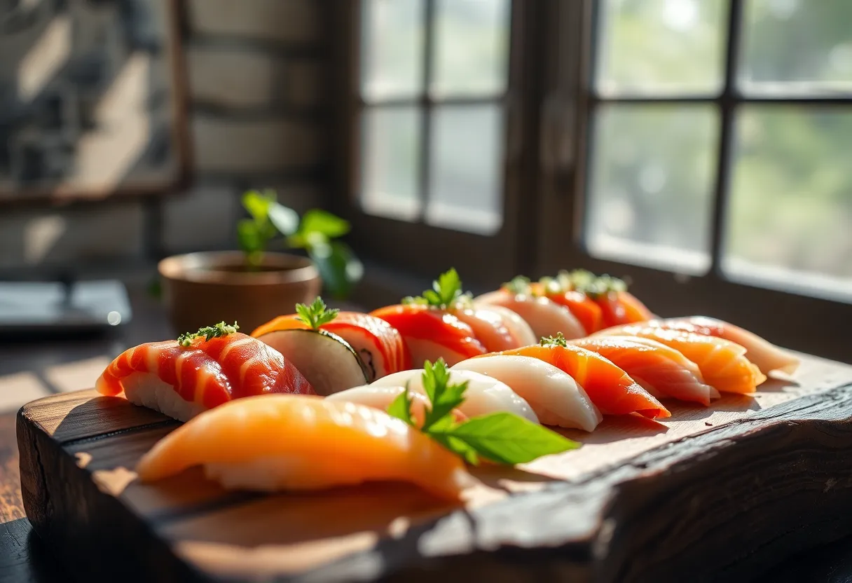 This image beautifully showcases a selection of nigiri and sashimi on a rustic wooden sushi board, illuminated by dappled sunlight streaming through a window. The fresh colors of the fish, combined with the natural textures of wood, create an organic and inviting atmosphere. The soft focus in the background accentuates the details of the sushi, making it a perfect representation of culinary artistry.