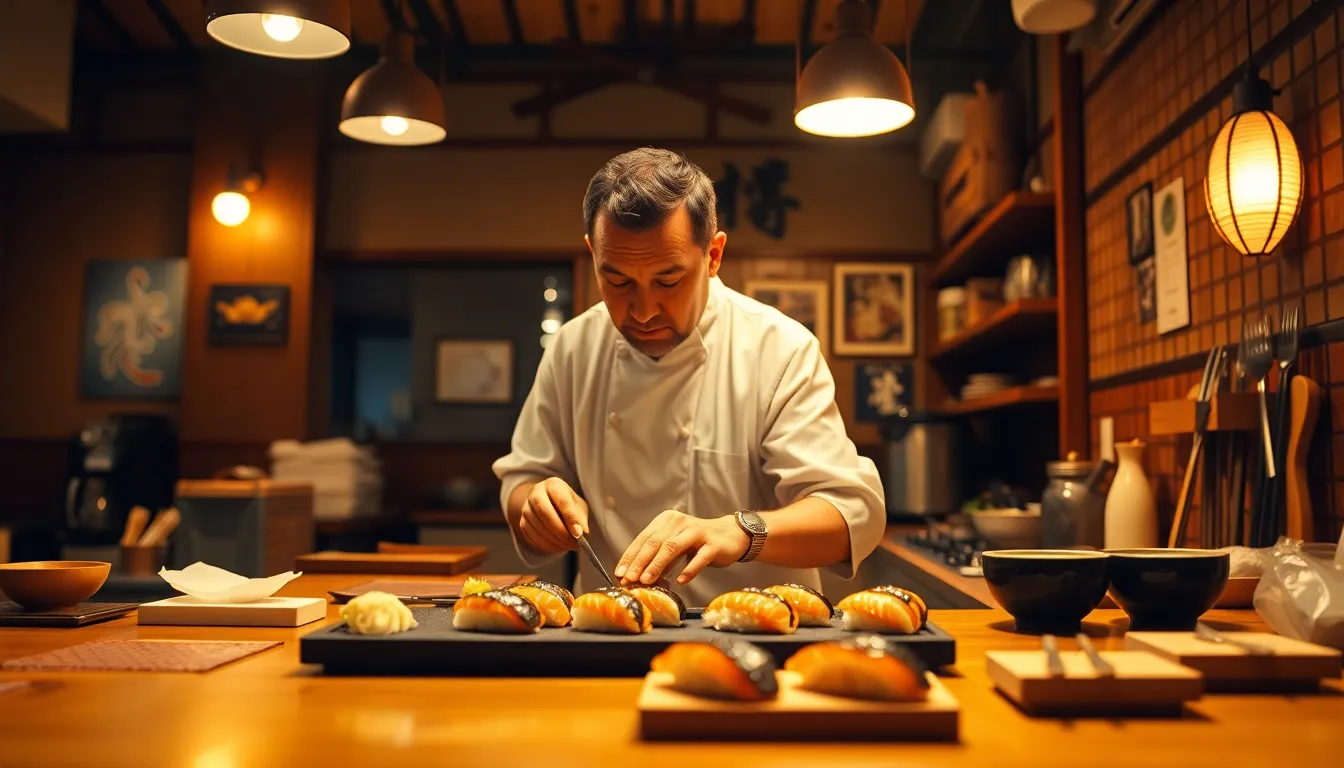 An engaging image of a sushi chef in action, meticulously preparing sushi in a traditional Japanese kitchen. The warm lighting creates a cozy atmosphere, highlighting the textures of the wooden countertop and the chef's concentration. The scene captures the artistry of sushi making, with various ingredients and tools visible, providing a narrative that draws viewers into the culinary process. This photorealistic photograph showcases the skill and dedication behind creating authentic sushi.