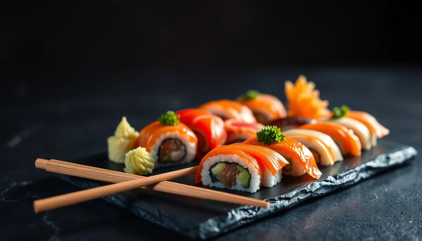 This striking image showcases a variety of sushi elegantly arranged on a textured black slate platter, exemplifying culinary artistry. The low-key lighting enhances the sushi's vibrant colors, from the rich red tuna to the fresh green wasabi. The shallow depth of field draws attention to the intricate details of the sushi while creating a pleasing bokeh background. This composition not only highlights the food but also embodies a sophisticated dining experience.