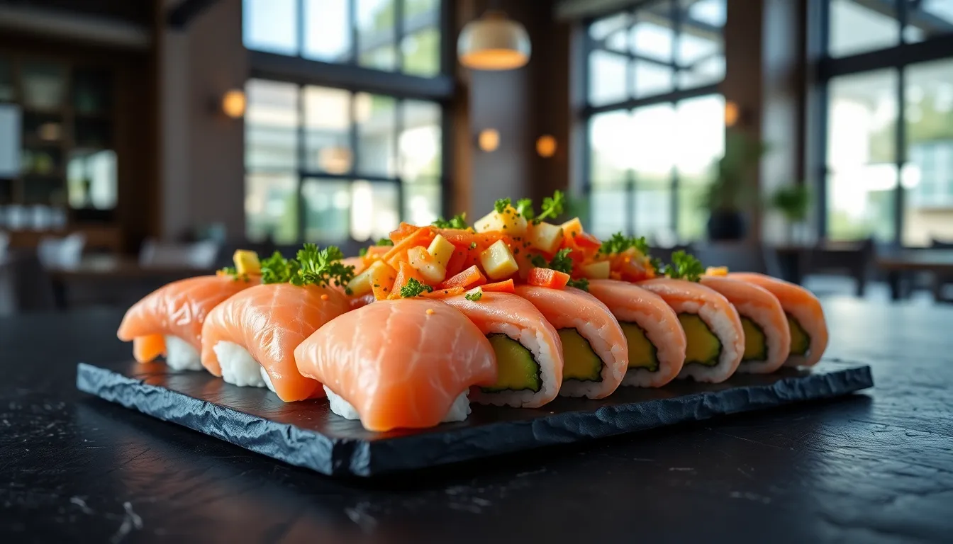 This image captures an artfully arranged platter of sushi on a polished wooden board, illuminated by soft, diffused daylight streaming through large windows. The glistening fish slices showcase their freshness, contrasting beautifully against the warm, natural tones of the surroundings. The shallow depth of field draws attention to the intricate details of the sushi, while the muted colors evoke a calm, inviting atmosphere perfect for food photography.