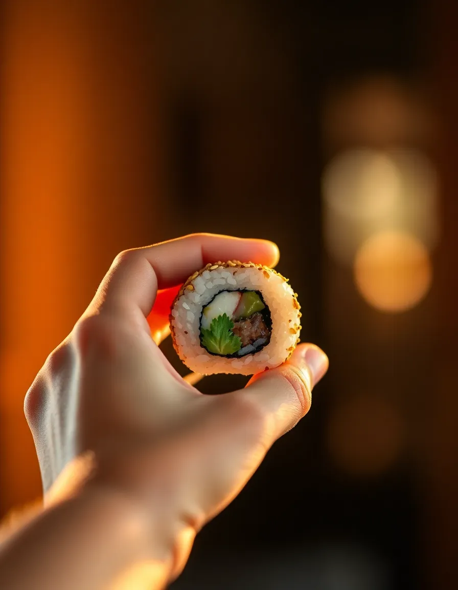 This captivating image captures a hand delicately holding a sushi roll, enhanced by warm golden hour lighting that creates a soft halo effect. The warm tones and creamy highlights evoke a sense of comfort and elegance. The shallow depth of field ensures the sushi remains the focal point, while the background fades into subtle warmth, making it an impactful visual for culinary media.