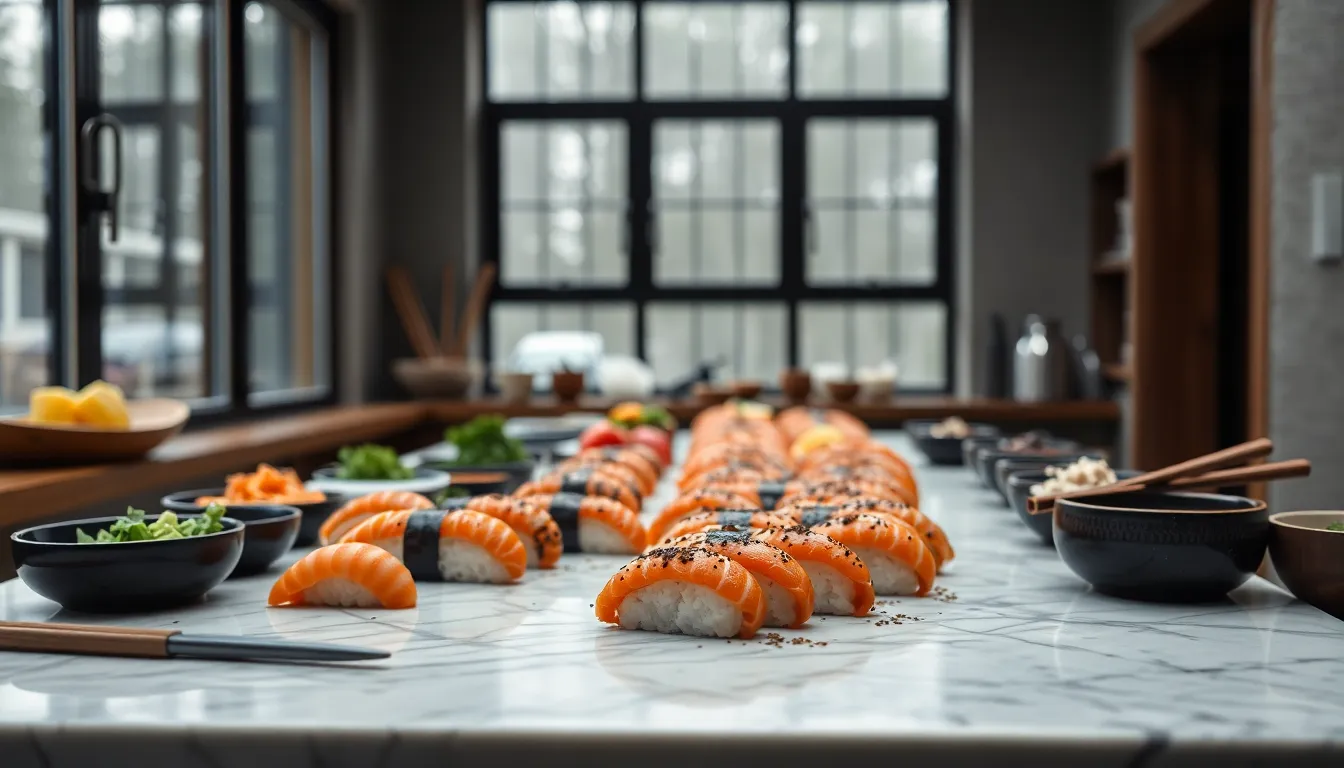 This engaging image captures the sushi-making process on a sleek marble countertop, beautifully lit by diffused daylight. The scene showcases fresh ingredients and utensils in a natural, muted color palette, emphasizing the organic beauty of the materials. The macro lens reveals intricate details of the sushi ingredients, while the hyperfocal distance ensures clarity throughout the entire layout, narrating a story of culinary craftsmanship. Ideal for food enthusiasts and cooking platforms.