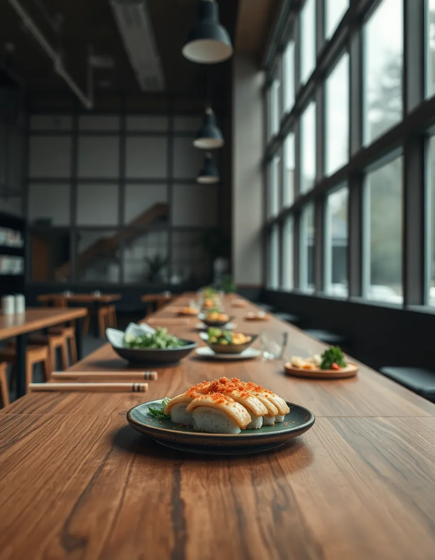 This inviting image showcases a delightful array of fresh sushi ingredients neatly arranged on a rustic wooden counter. The soft, diffused daylight brings out the natural colors and textures of the fish, vegetables, and rice. The composition leads the viewer's eye towards the vibrant sushi, setting a serene and appetizing mood perfect for food enthusiasts.