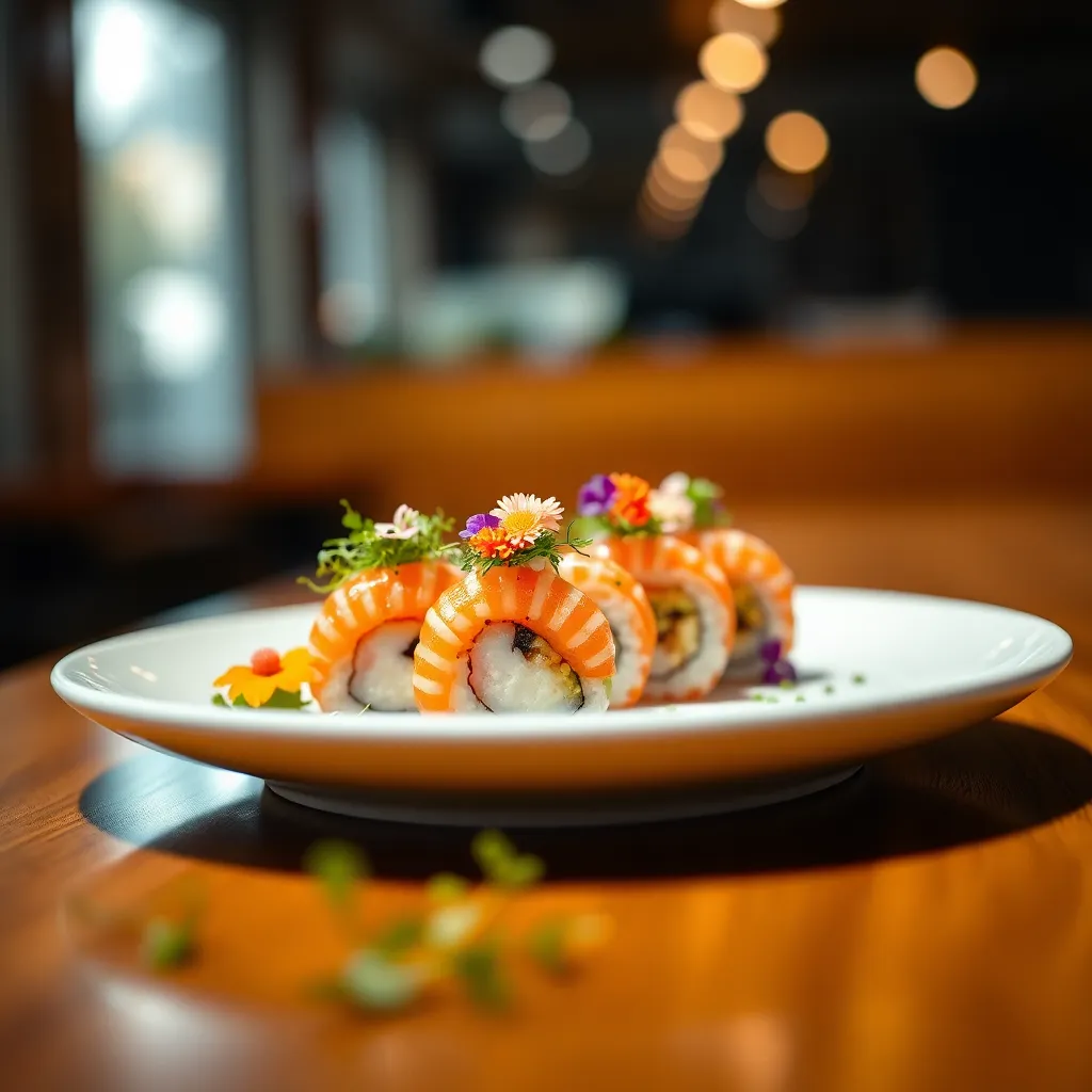 An elegant image of a beautifully plated sushi dish on a white ceramic plate, garnished with delicate microgreens and colorful edible flowers. Bright studio lighting ensures the vibrant colors pop against the minimalist backdrop, making the dish the star of the show. The shallow depth of field emphasizes the intricate details and textures of the sushi, inviting viewers to appreciate its culinary artistry. This high-impact image embodies sophistication and elegance in Japanese cuisine.
