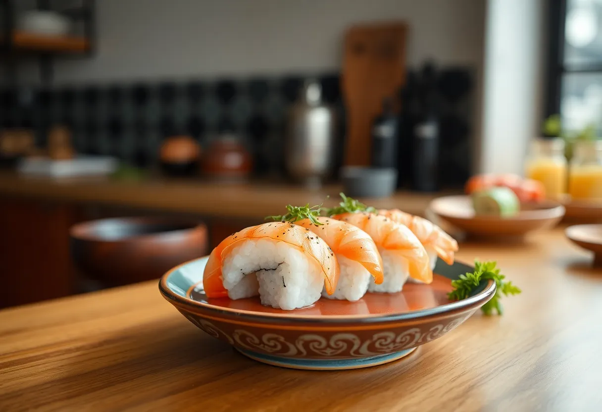 A stunning close-up captures sushi rolls delicately arranged against a lush garden backdrop during golden hour. The warm backlighting creates a soft, romantic glow around the sushi, enhancing its vibrant colors and textures. The cinematic teal and orange color grading adds a modern touch, while the contrasting natural greens of the garden provide a lush backdrop that draws the viewer's eye. This image beautifully encapsulates the artistry of sushi and its presentation in a serene setting.