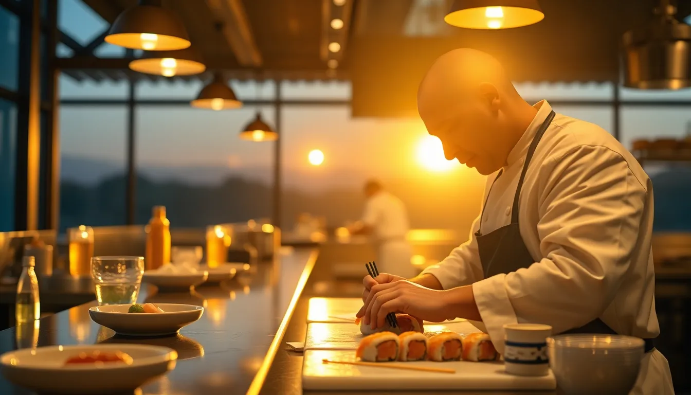 This dynamic shot captures a sushi chef in an open kitchen, skillfully rolling sushi as golden hour light spills through the window. The vibrant colors of the fresh fish and vegetables contrast beautifully against the deep wood of the counter. The sharp focus throughout the image highlights the intricacies of the chef's technique and the meticulous preparation involved in sushi making. The inviting atmosphere draws viewers into the art of culinary creation.