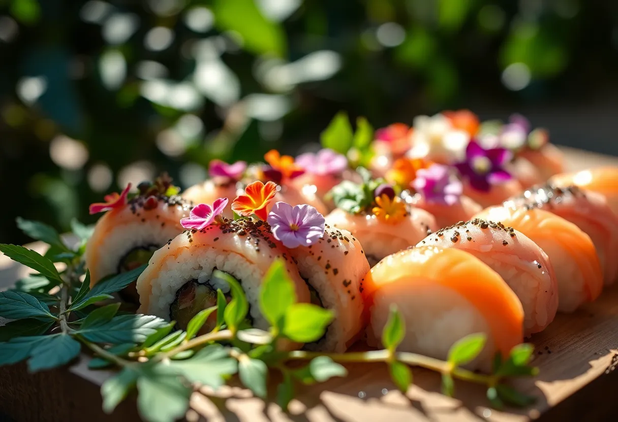 This captivating macro shot features a beautifully arranged sushi platter garnished with vibrant edible flowers and fresh herbs. The natural light filtering through the leaves creates an enchanting atmosphere, highlighting the colors and textures of the sushi. The shallow depth of field allows the sushi to be the focal point while presenting a blurred backdrop of lush greenery. The slight Dutch angle introduces dynamic tension, making this image more striking and engaging.