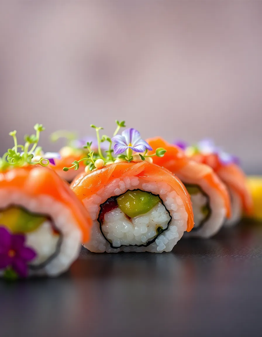 This macro photograph presents an exquisite detail of sushi, intricately garnished with delicate microgreens and vibrant edible flowers. The soft, diffused studio lighting beautifully highlights the rich colors and textures of the fresh ingredients, while a shallow depth of field isolates the sushi from the background. The centered composition draws attention to the artistry of the dish, making it a feast for the eyes. The vibrant colors and meticulous presentation evoke a sense of culinary elegance and sophistication.
