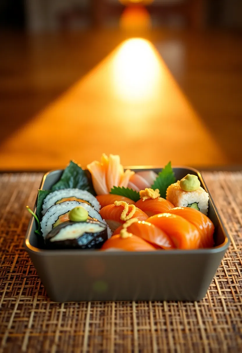 This stunning image features a bento box filled with an assortment of sushi, beautifully garnished with wasabi and pickled ginger. Captured during golden hour, the warm backlighting creates a soft glow around the sushi, enhancing its textures. The leading lines of the bamboo mat guide the viewer’s eye toward the vibrant colors of the sushi. The natural muted tones add an organic feel to the composition, inviting an appreciation for this delightful culinary art.