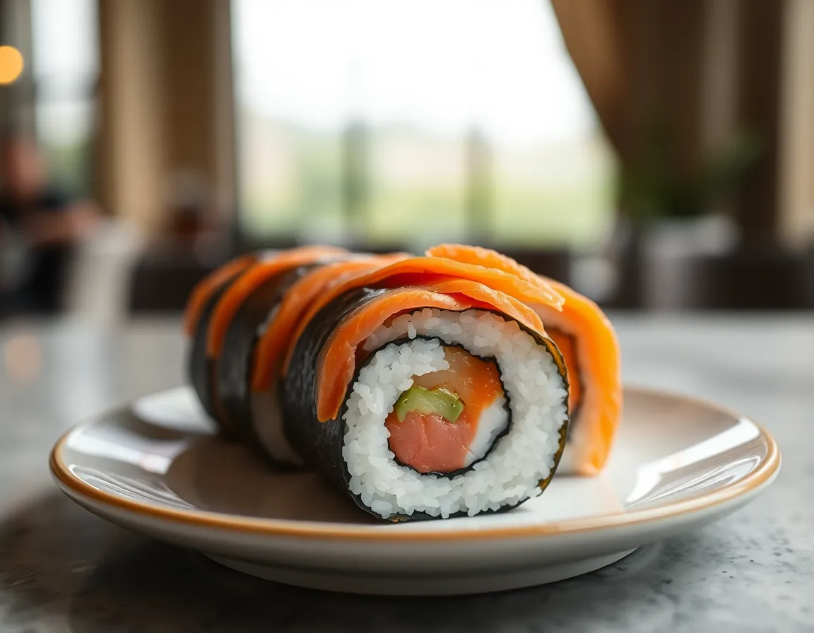 An intricately designed sushi roll sits centered on a delicate porcelain plate, captured in soft, diffused daylight from large windows. The macro perspective emphasizes the textures of the sushi, showcasing the colorful layers and intricate garnishes. With muted tones that highlight the natural look of the fresh ingredients, this composition invites viewers to appreciate the artistry of sushi-making.