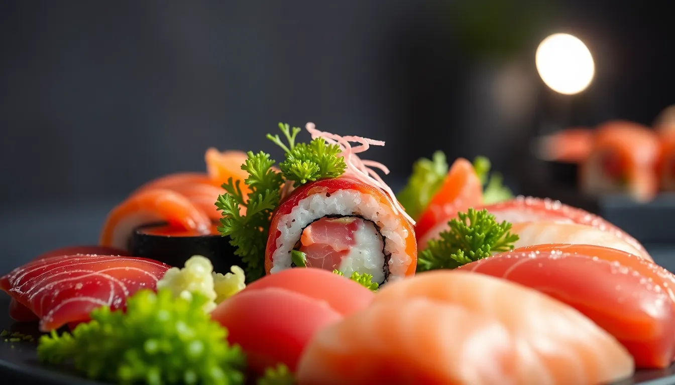 An intricate display of fresh sushi ingredients captured in studio lighting, emphasizing vibrant colors and textures. The macro view reveals the intricate details of sashimi and vegetables, while the three-point lighting enhances the sheen and freshness of the components. Arranged artfully around a central sushi roll, this image invites viewers to appreciate the quality of the ingredients. The colorful palette brings the sushi to life, showcasing culinary artistry.