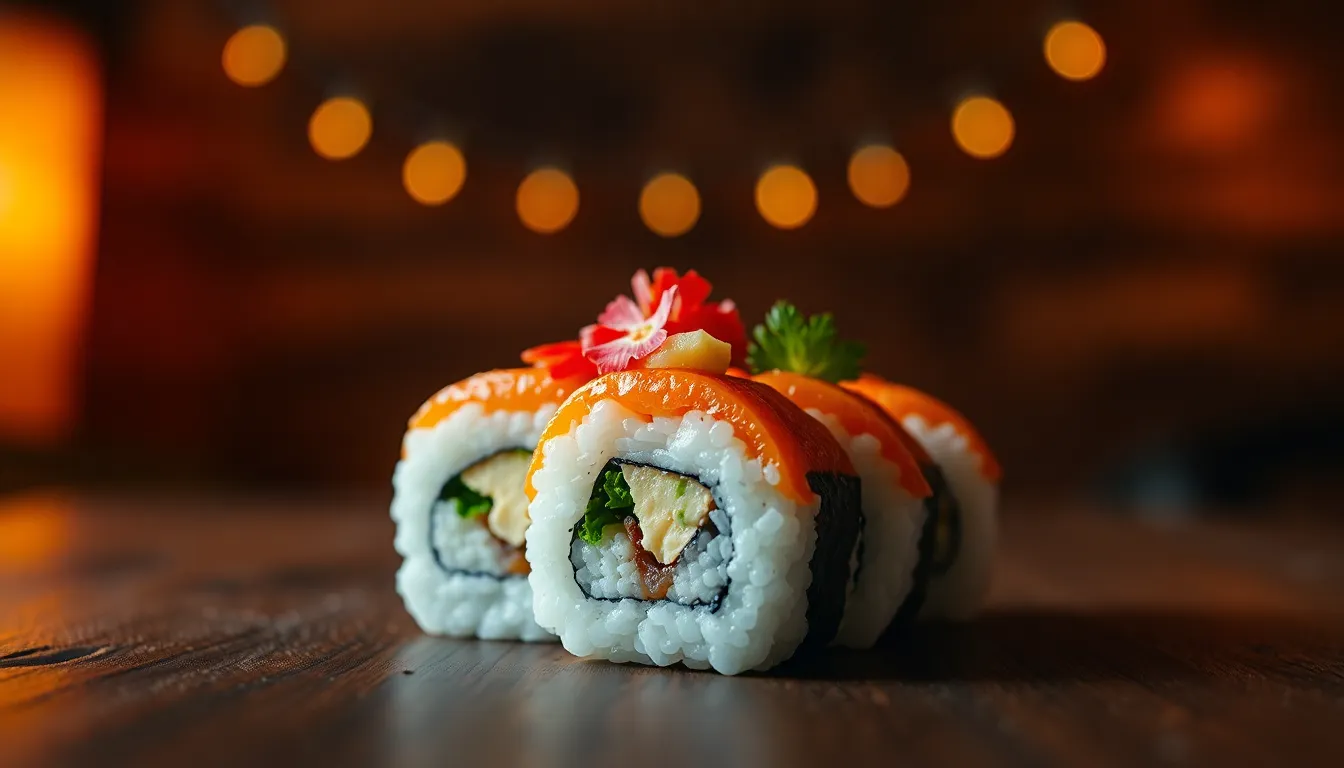 Close-Up of Colorful Sushi Roll with Rustic Charm