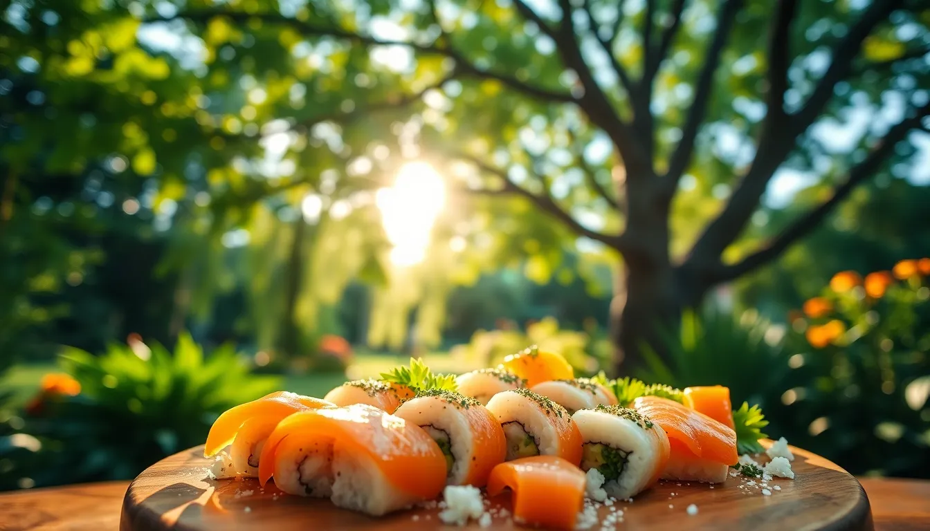 This captivating image depicts a beautifully arranged sushi platter set in a vibrant garden, with dappled sunlight filtering through the tree canopy. The unique Dutch angle adds a sense of dynamic movement to the scene, while the teal and orange color grading enhances the freshness of the sushi. The shallow depth of field ensures the sushi stands out against a lush, softly blurred background. This composition perfectly marries the culinary delight with nature's beauty.