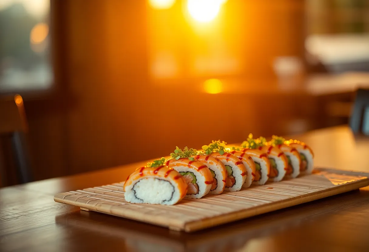This image captures an organic presentation of sushi served on a bamboo mat during the magical golden hour. The warm backlighting creates a beautiful rim light around the sushi, highlighting the freshness of the ingredients and the intricate details of the garnishes. The shallow depth of field ensures that the sushi pops against a softly blurred background, making it an excellent choice for eco-friendly food campaigns or culinary websites.