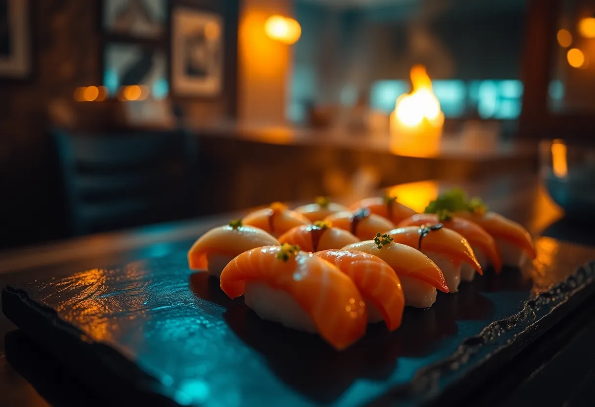 A dramatic sushi arrangement on a slate serving board is beautifully lit by warm firelight, creating an inviting and cozy atmosphere. The dynamic Dutch angle adds tension and interest, while the cinematic teal and orange grading brings richness to the scene. The textures of the sushi contrast with the rough slate, while reflections add depth and dimension, making this image both striking and appetizing.